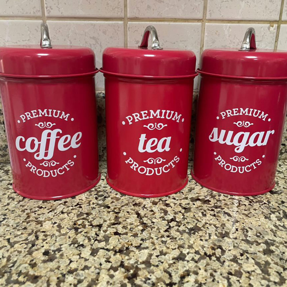 Two's Company Distressed Red Metal Canister 4 Pc Set. Sugar, Coffee, Flour,  Tea